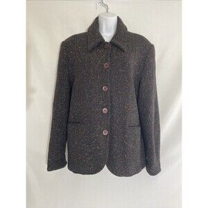 Vintage Black Wool Tweed Pea‎ Jacket Color Flecked Coat Womens S